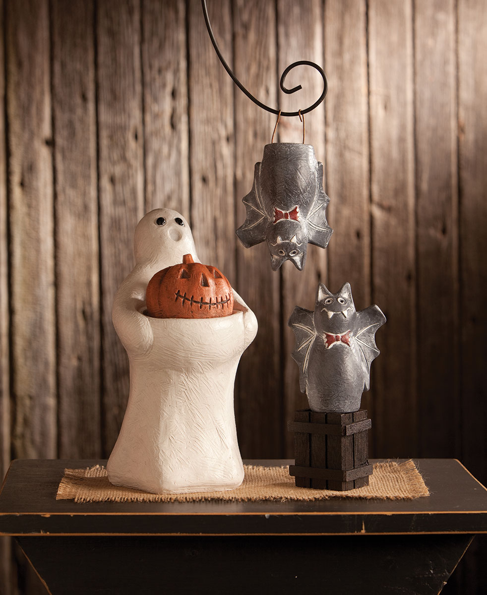 New ghost costume and bat sculptures just in time for Halloween.