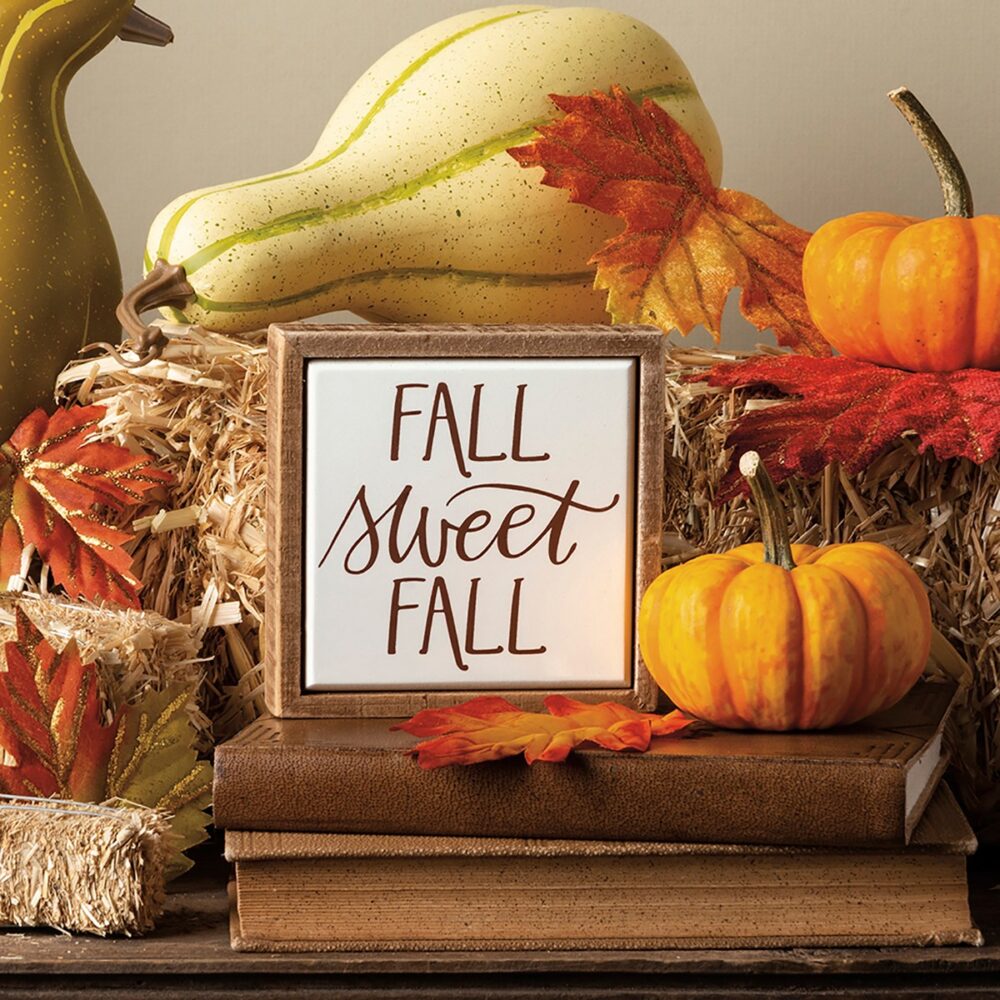 A wooden box sign mini featuring a hand lettered Fall Sweet Fall sentiment and tile-like finish Box Sign Mini -Fall Sweet Fall