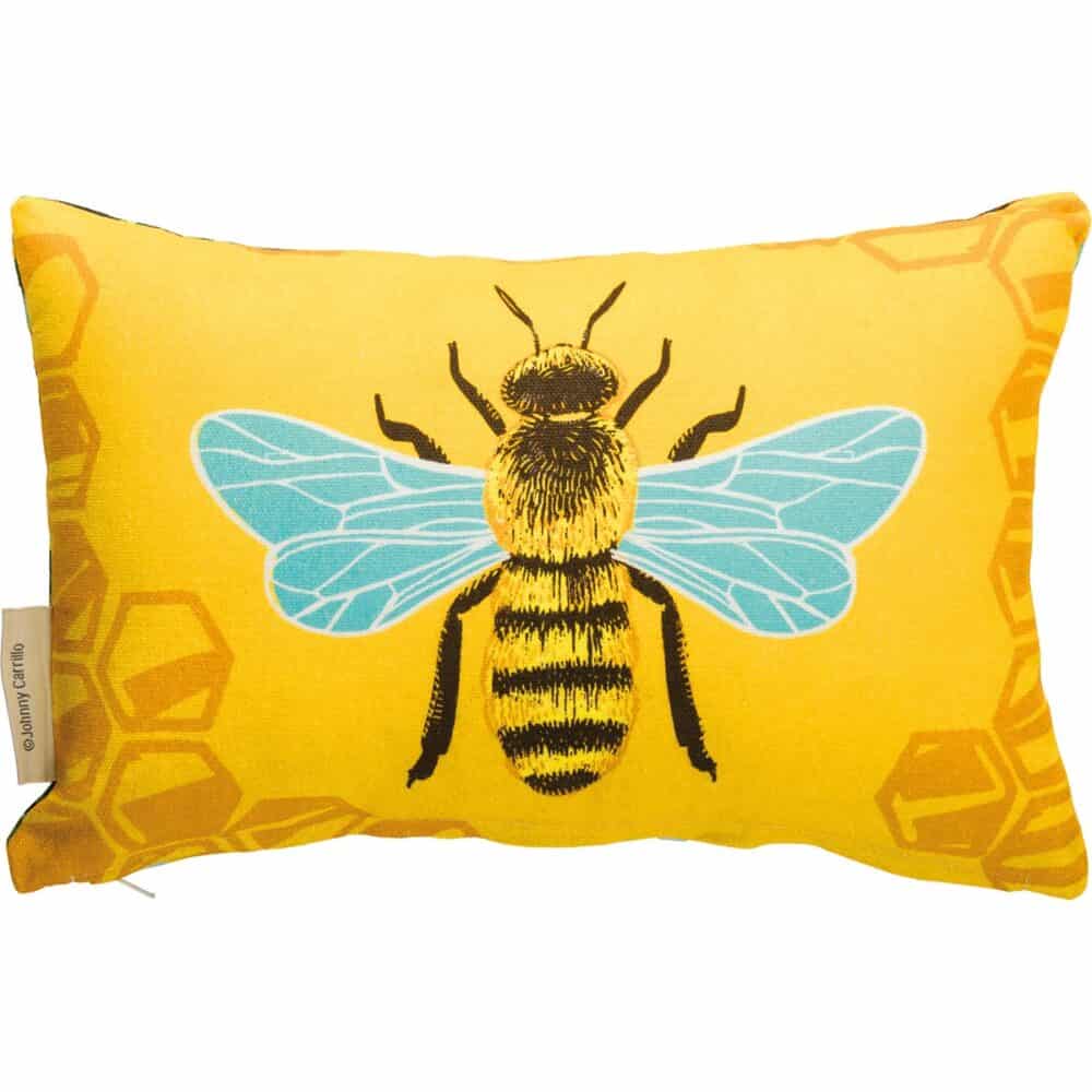 A double sided cotton pillow featuring a hand lettered Bee Kind Bee Humble Bee Happy sentiment with bee and sunflower designs on the front and coordinating bee and honeycomb designs on the back Pillow Bee Kind
