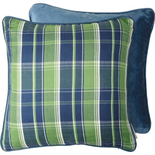 A double sided cotton pillow featuring a holiday plaid design. Features velvet in a complementing color on reverse side. Polyester filling. Includes a zipper to easily remove and clean cover. This accessory is part of our IB Home Accents line and was carefully selected to complement our unique sculptures.