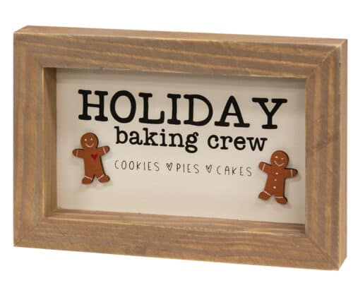 This framed sign reads, "Holiday Baking Crew Cookies Pies Cakes" and has cut-wood gingerbread men accents. This accessory is part of our IB Home Accents line and was carefully selected to complement our unique sculptures.