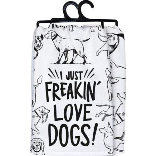 A black and white cotton kitchen towel featuring I Just Freakin Love Dogs sentiment and all over dog designs.