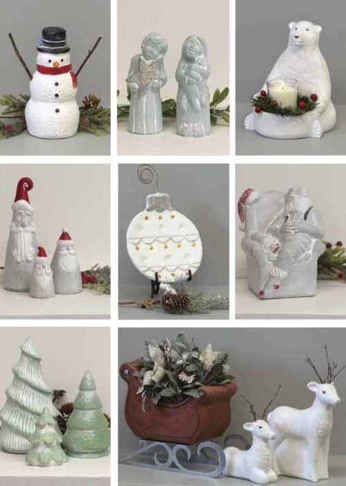 Holiday Lookbook 2023 Fluffy Snowman, Angel with Star, Purrfect Angel, Bear Bowl, Santa Trio, Ornament Plate, Snoozing Santa, Set of Trees, Red Sleigh, Deer Standing, Deer Sitting