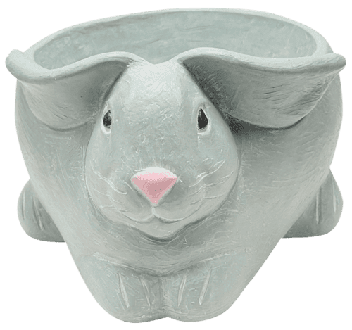 Green concrete bunny planter with pink painted inside ears and on nose