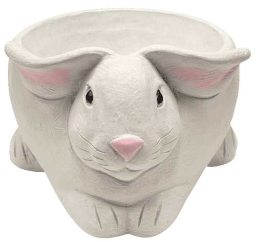 White concrete bunny planter with pink painted inside ears and on nose