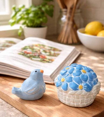 Bluebird and forget me nots in kitchen