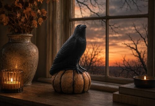Crow on Pumpkin near window
