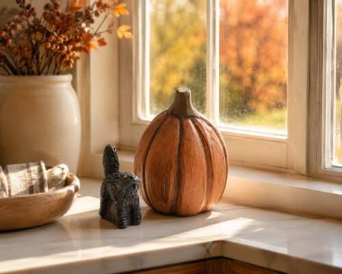 mini cat and teardrop pumpkin in kitchen